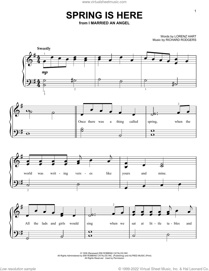 Spring Is Here, (beginner) sheet music for piano solo by Rodgers & Hart, Lorenz Hart and Richard Rodgers, beginner skill level