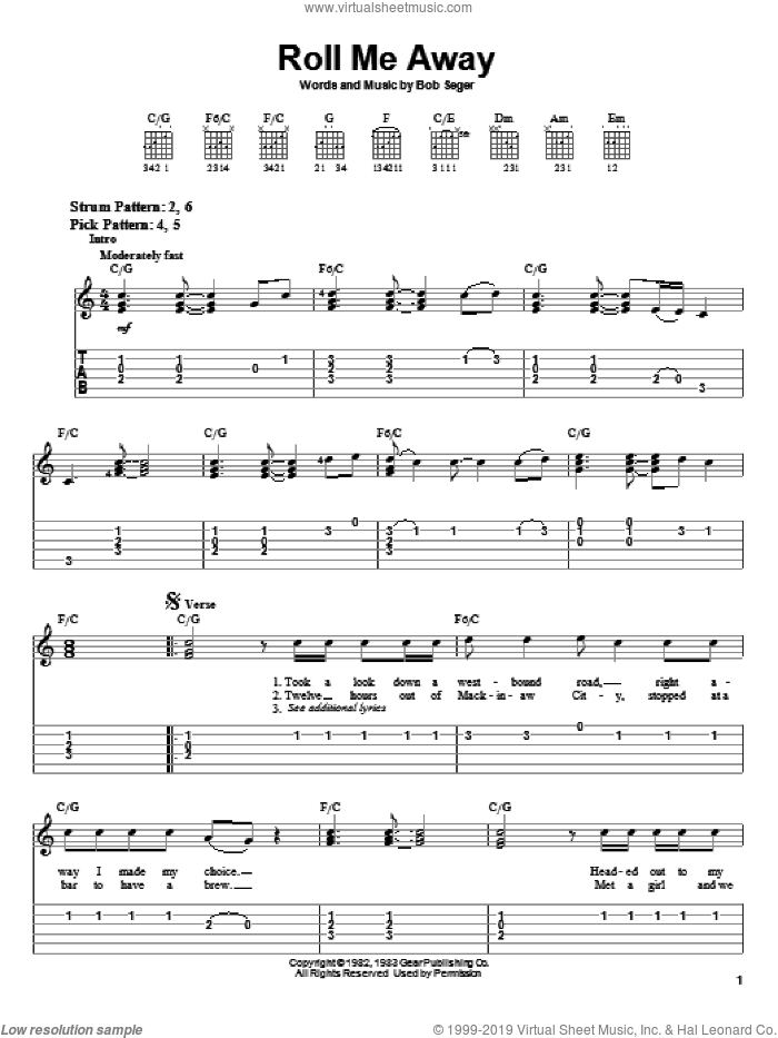Roll Me Away sheet music for guitar solo (easy tablature) by Bob Seger and Bob Seger & The Silver Bullet Band, easy guitar (easy tablature)