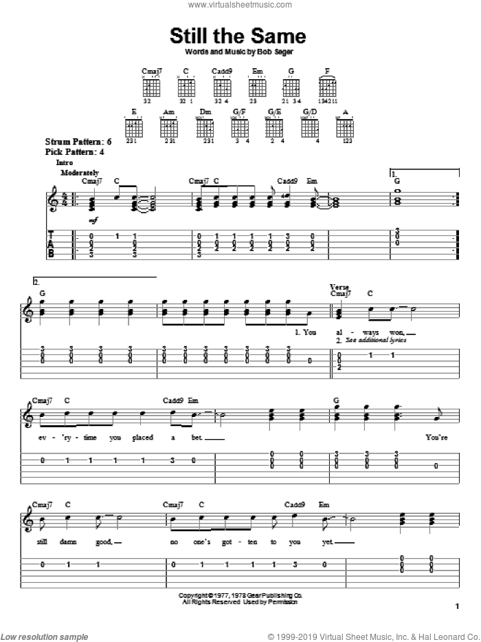 Still The Same sheet music for guitar solo (easy tablature) by Bob Seger, easy guitar (easy tablature)