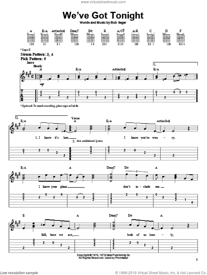 We've Got Tonight sheet music for guitar solo (easy tablature) by Bob Seger, easy guitar (easy tablature)