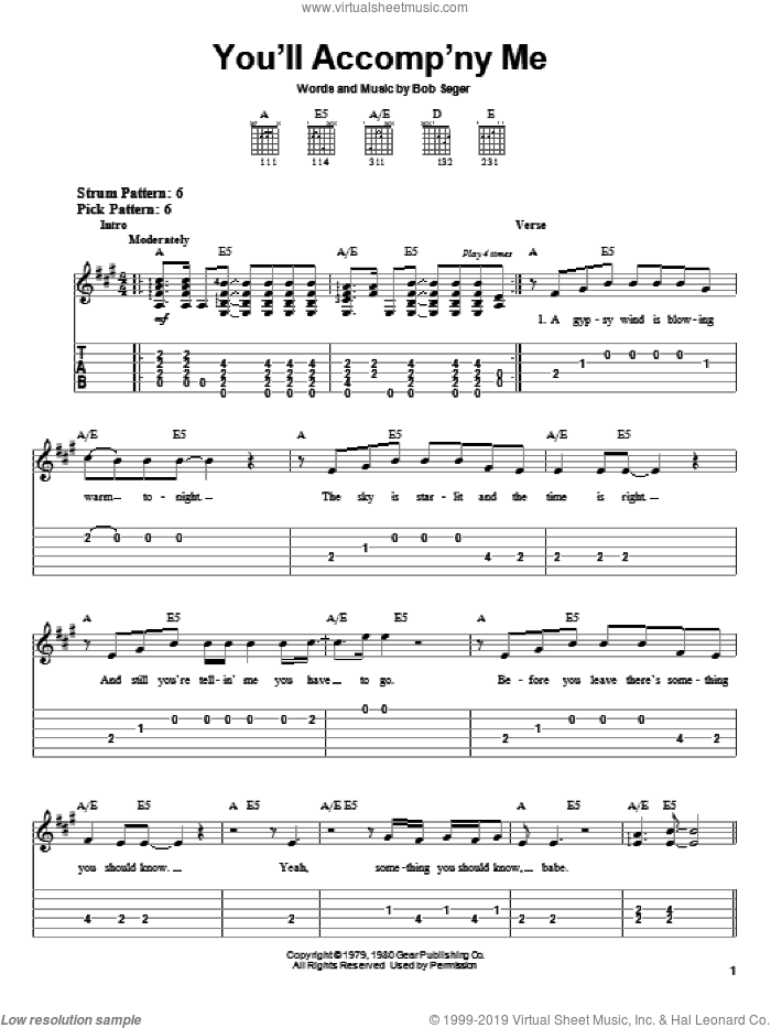 You'll Accomp'ny Me sheet music for guitar solo (easy tablature) by Bob Seger, wedding score, easy guitar (easy tablature)