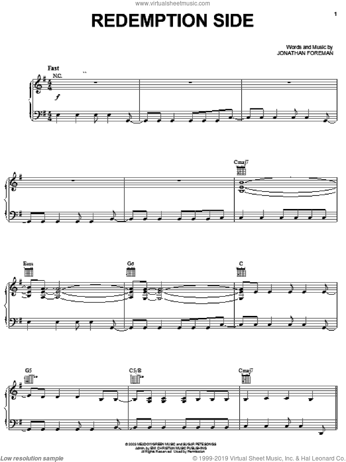 Redemption Side sheet music for voice, piano or guitar by Switchfoot and Jonathan Foreman, intermediate skill level