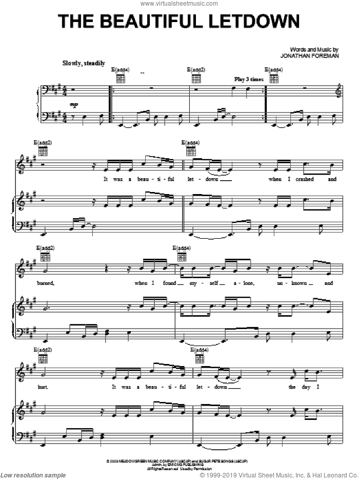 The Beautiful Letdown sheet music for voice, piano or guitar by Switchfoot and Jonathan Foreman, intermediate skill level