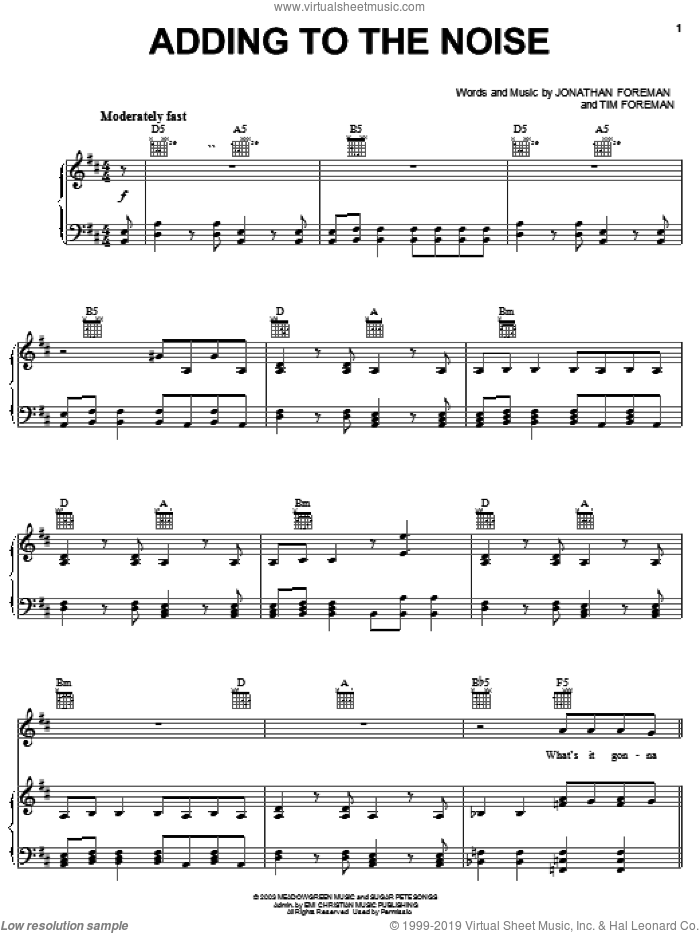 Adding To The Noise sheet music for voice, piano or guitar by Switchfoot, Jonathan Foreman and Tim Foreman, intermediate skill level
