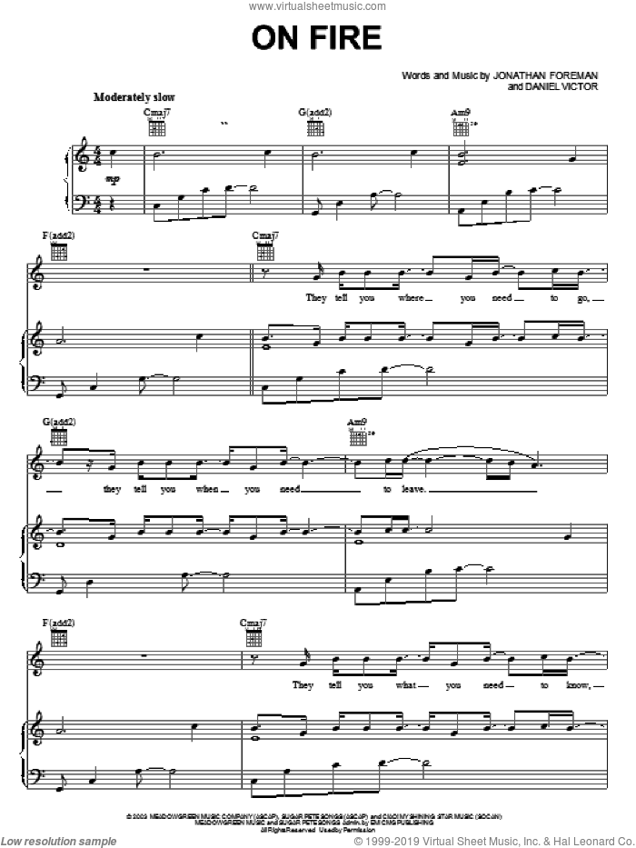 On Fire sheet music for voice, piano or guitar by Switchfoot, Daniel Heavenword and Jonathan Foreman, intermediate skill level