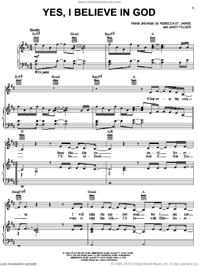 Yes, I Believe In God sheet music for voice, piano or guitar by Rebecca St. James and Janet Folger, intermediate skill level