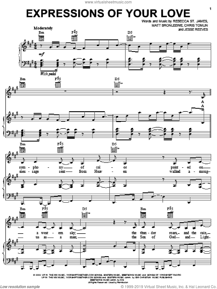 Expressions Of Your Love sheet music for voice, piano or guitar by Rebecca St. James, Chris Tomlin and Matt Bronleewe, intermediate skill level