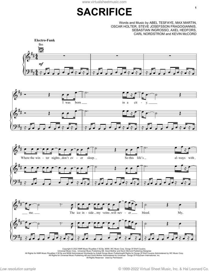 Sacrifice sheet music for voice, piano or guitar by The Weeknd, Abel Tesfaye, Axel Hedfors, Carl Nordstrom, Kevin McCord, Max Martin, Oscar Holter, Sebastian Ingrosso and Steve Josefsson Fragogiannis, intermediate skill level