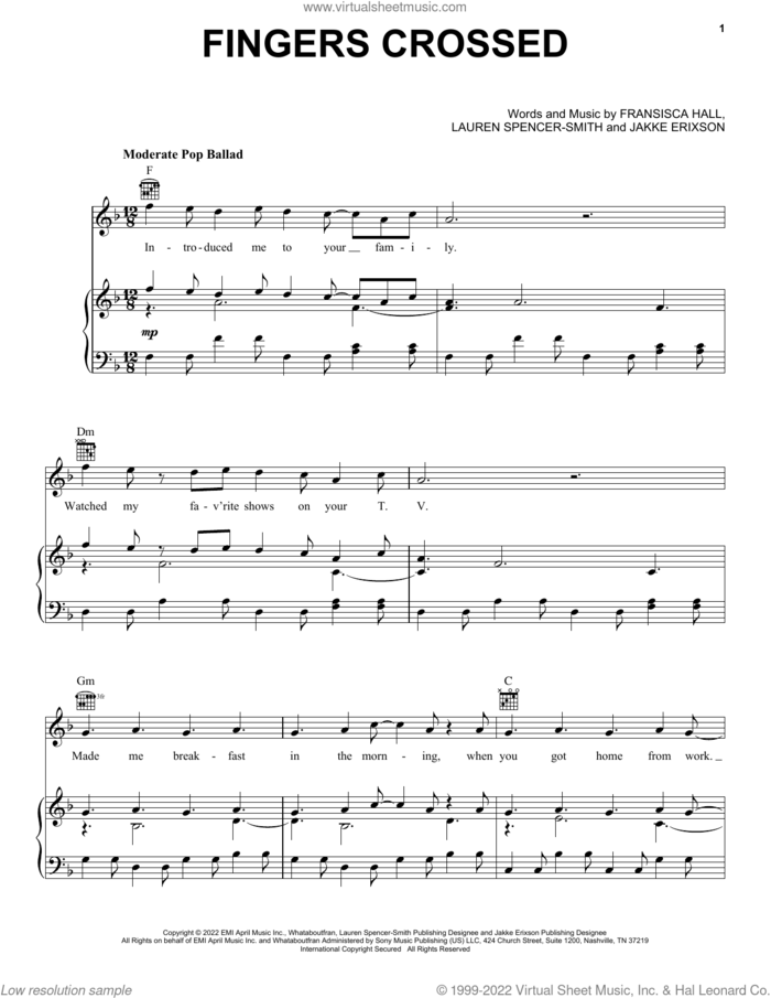 Fingers Crossed sheet music for voice, piano or guitar by Lauren Spencer-Smith, Fransisca Hall and Jakke Erixson, intermediate skill level
