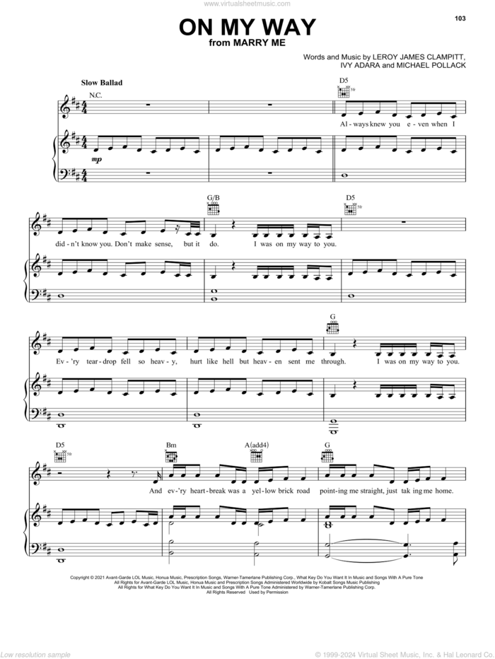 On My Way (from Marry Me) sheet music for voice, piano or guitar by Jennifer Lopez, Ivy Adara, Leroy James Clampitt and Michael Pollack, intermediate skill level