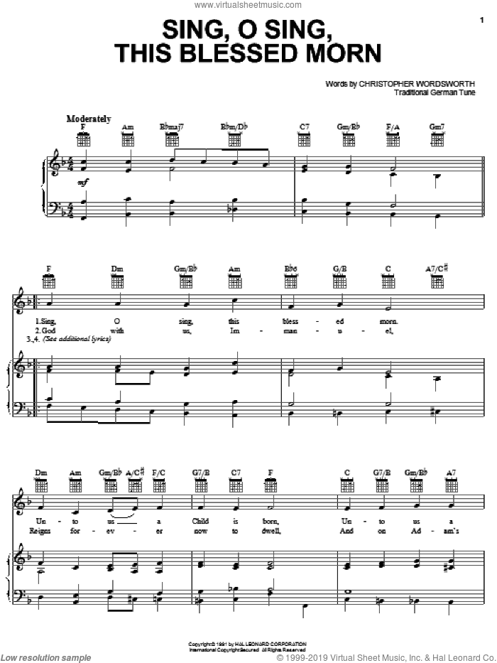 Sing, O Sing, This Blessed Morn sheet music for voice, piano or guitar by Christopher Wordsworth and Miscellaneous, intermediate skill level