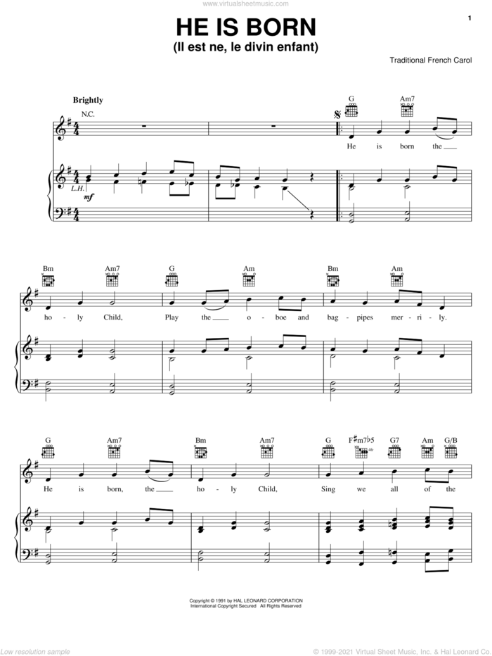 He Is Born, The Holy Child (Il Est Ne, Le Divin Enfant) sheet music for voice, piano or guitar, intermediate skill level
