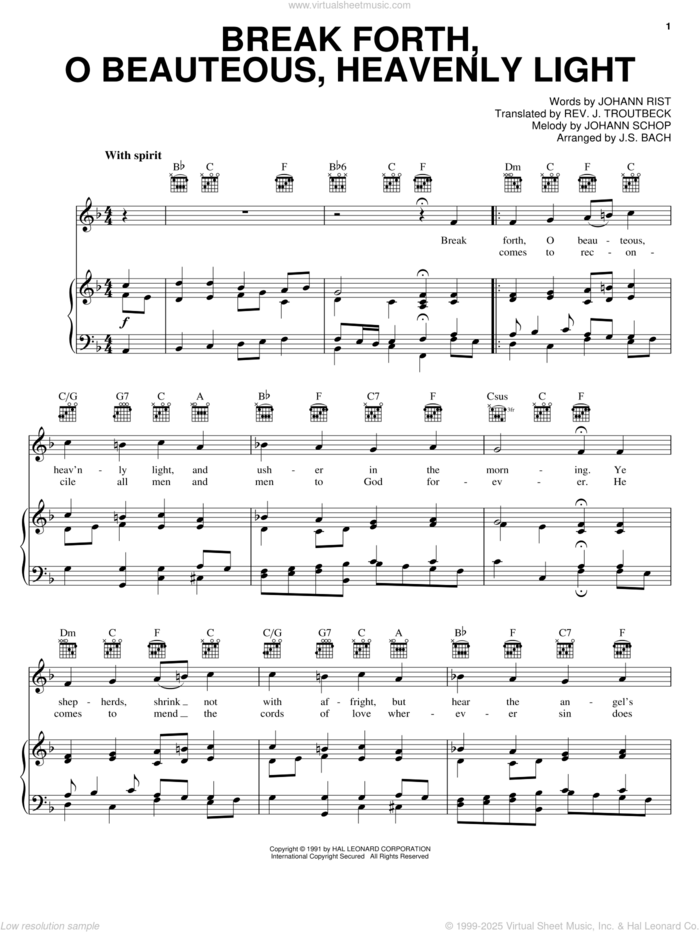 Break Forth, O Beauteous, Heavenly Light sheet music for voice, piano or guitar by Johann Sebastian Bach, Johann Rist, Johann Schop and John Troutbeck, classical score, intermediate skill level