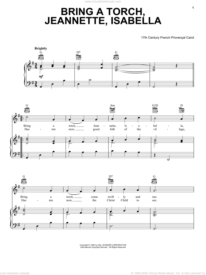 Bring A Torch, Jeannette Isabella sheet music for voice, piano or guitar by Anonymous and Miscellaneous, intermediate skill level