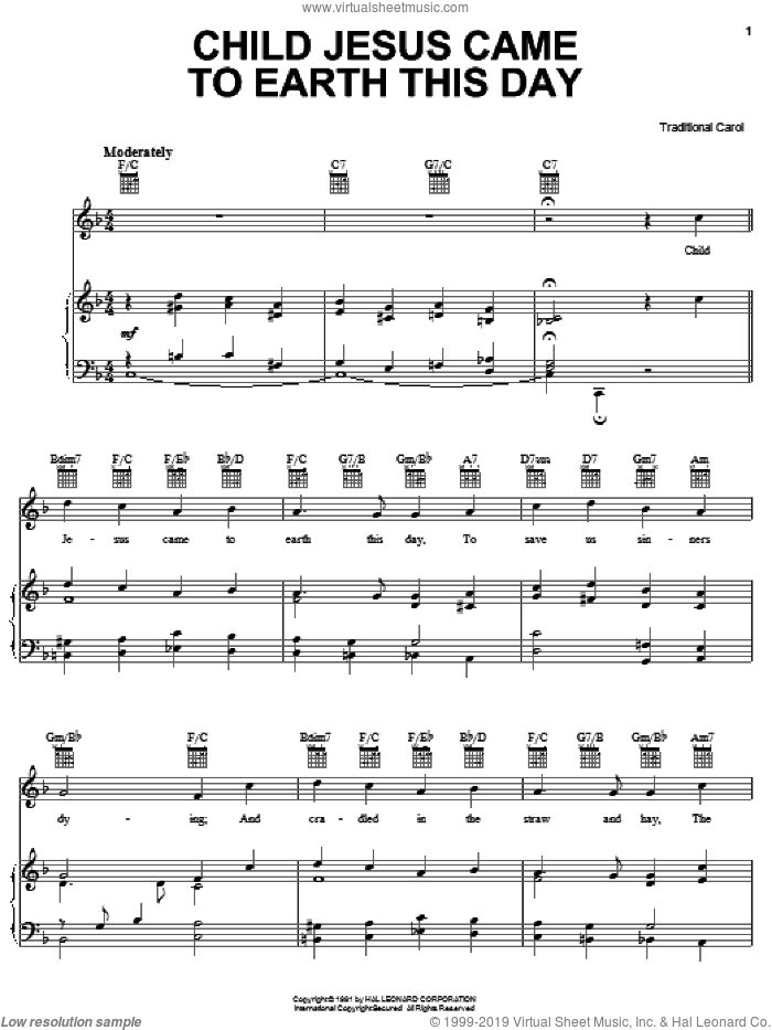 Child Jesus Came To Earth This Day sheet music for voice, piano or guitar, intermediate skill level