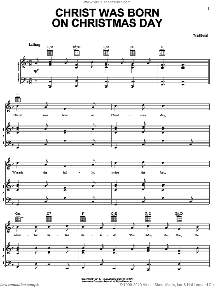 Christ Was Born On Christmas Day sheet music for voice, piano or guitar, classical score, intermediate skill level