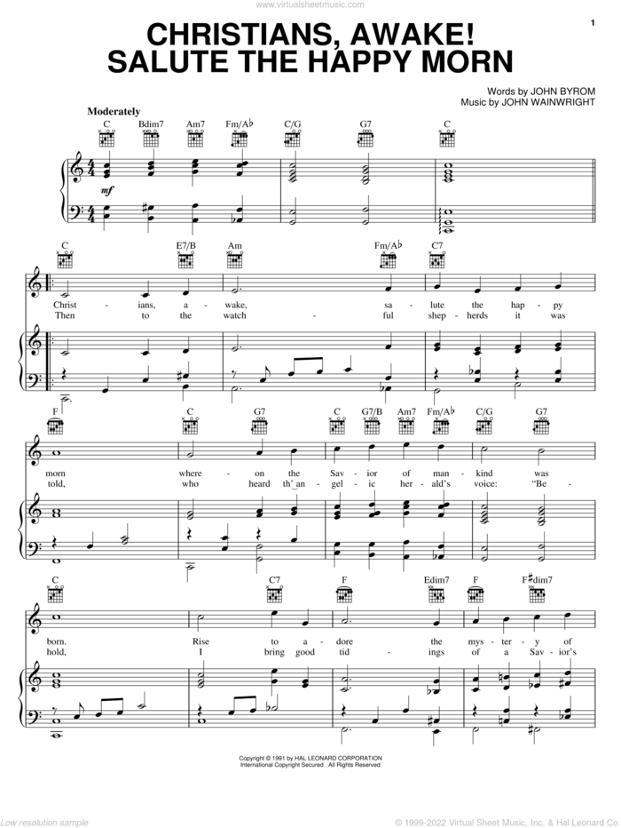 Christians, Awake! Salute The Happy Morn sheet music for voice, piano or guitar, intermediate skill level