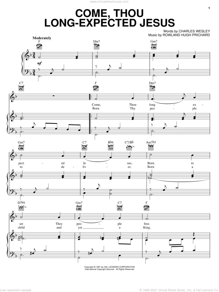Come, Thou Long-Expected Jesus sheet music for voice, piano or guitar by Charles Wesley and Rowland Prichard, intermediate skill level
