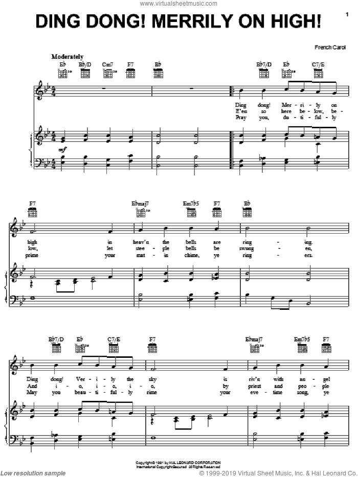 Ding Dong! Merrily On High! sheet music for voice, piano or guitar, intermediate skill level