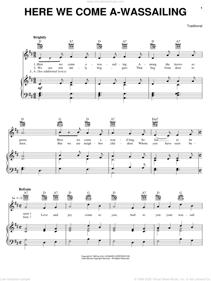 Here We Come A-Wassailing sheet music for voice, piano or guitar, intermediate skill level