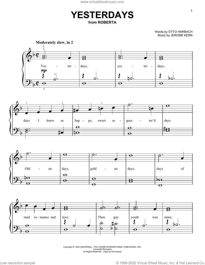 Yesterdays sheet music for piano solo by Jerome Kern and Otto Harbach, beginner skill level