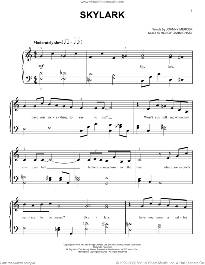 Skylark, (beginner) sheet music for piano solo by Johnny Mercer and Hoagy Carmichael, beginner skill level