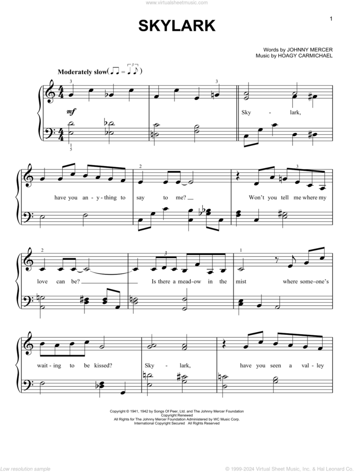 Skylark, (beginner) sheet music for piano solo by Johnny Mercer and Hoagy Carmichael, beginner skill level