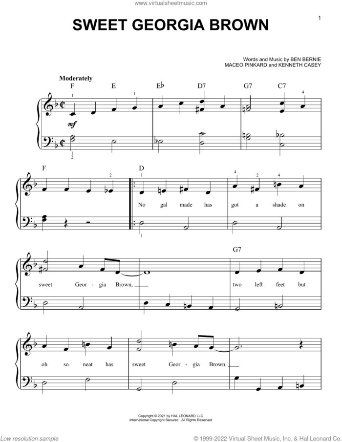 Sweet Georgia Brown, (beginner) sheet music for piano solo by Count Basie, Ben Bernie, Kenneth Casey and Maceo Pinkard, beginner skill level