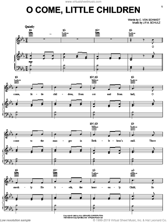O Come, Little Children sheet music for voice, piano or guitar by J.A.P. Schulz and Cristoph Von Schmid, intermediate skill level