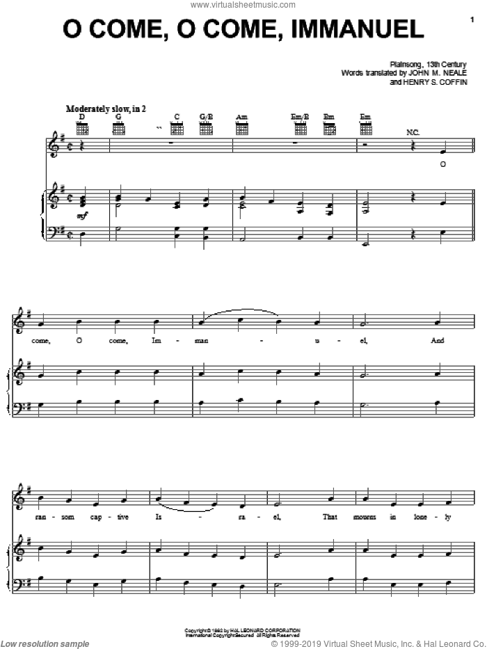 O Come, O Come Immanuel sheet music for voice, piano or guitar by John Mason Neale, 13th Century Plainsong and Henry S. Coffin, intermediate skill level