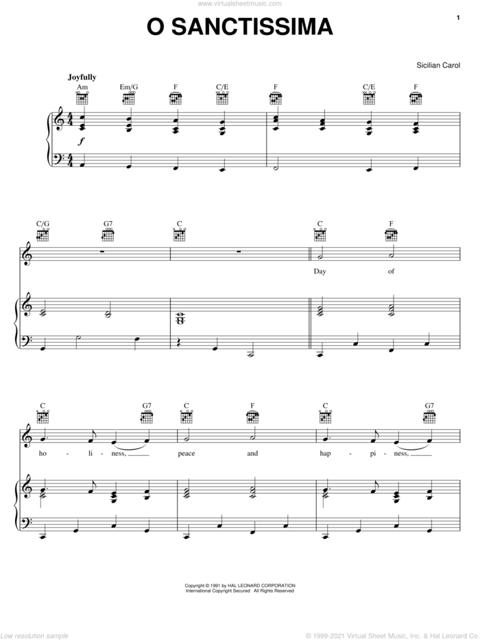 O Sanctissima sheet music for voice, piano or guitar, classical score, intermediate skill level