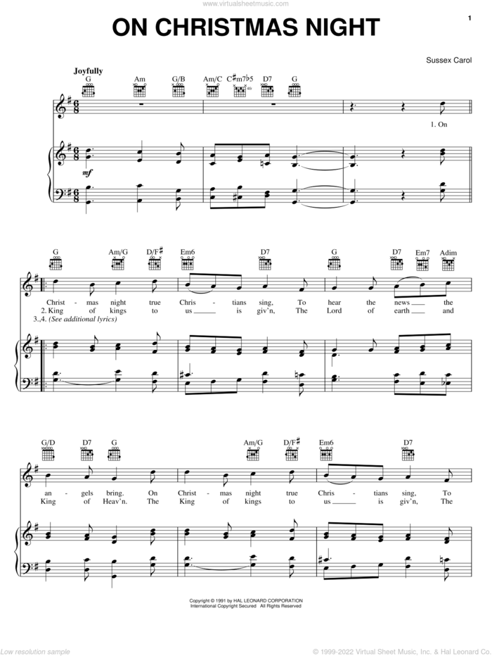 On Christmas Night sheet music for voice, piano or guitar, intermediate skill level