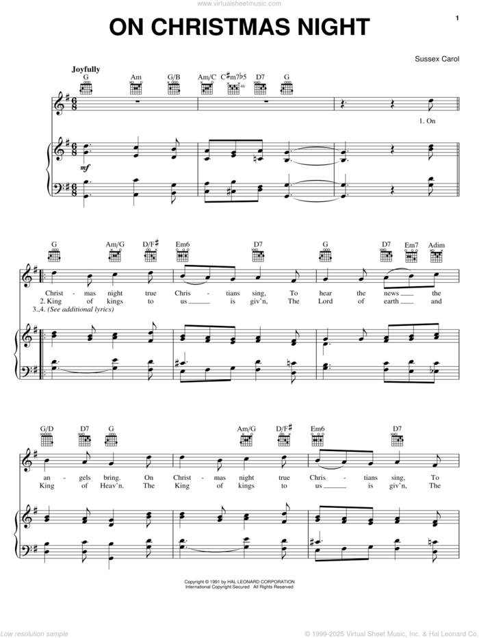 On Christmas Night sheet music for voice, piano or guitar, intermediate skill level