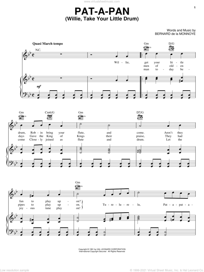 Pat-A-Pan (Willie, Take Your Little Drum) sheet music for voice, piano or guitar by Bernard de la Monnoye, intermediate skill level