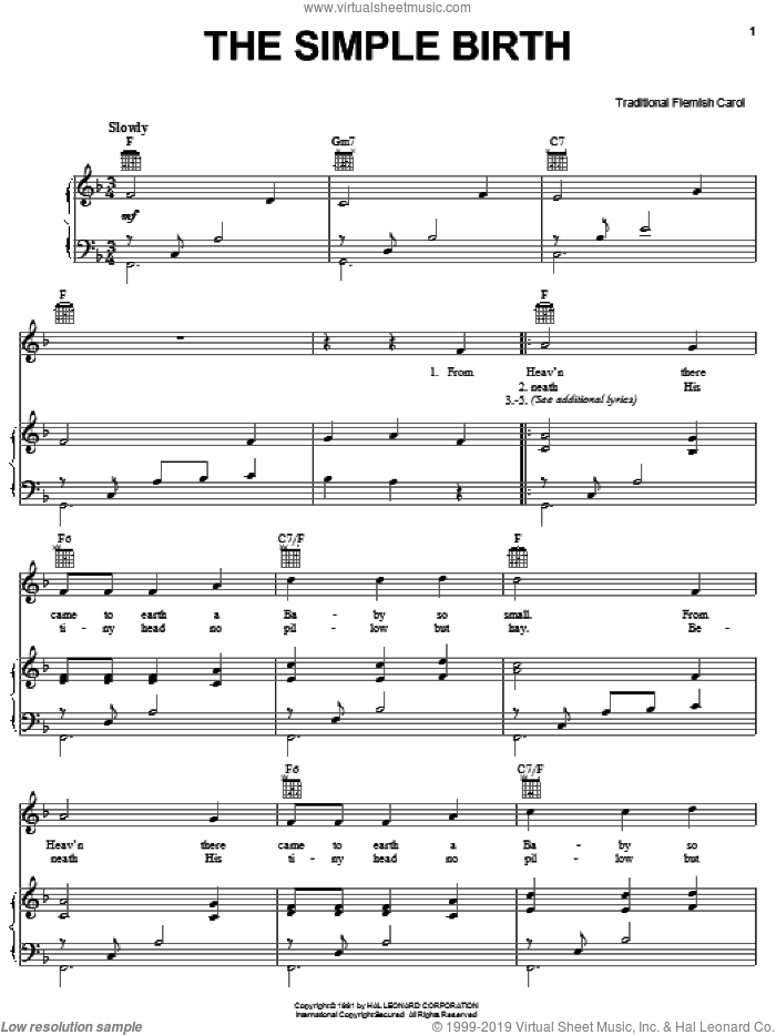 The Simple Birth sheet music for voice, piano or guitar, intermediate skill level