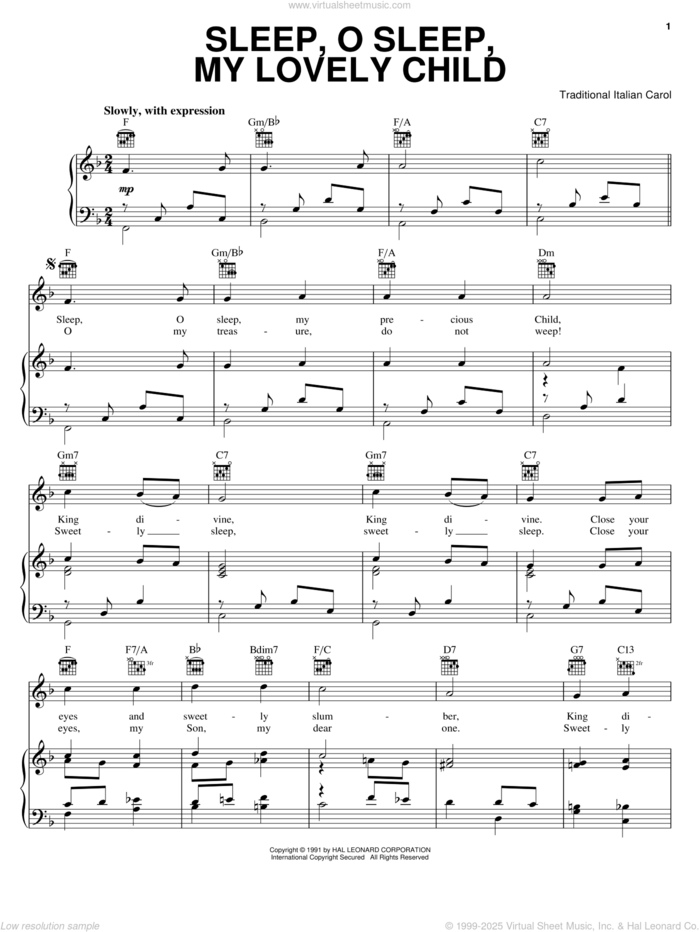 Sleep, O Sleep, My Precious Child sheet music for voice, piano or guitar, intermediate skill level