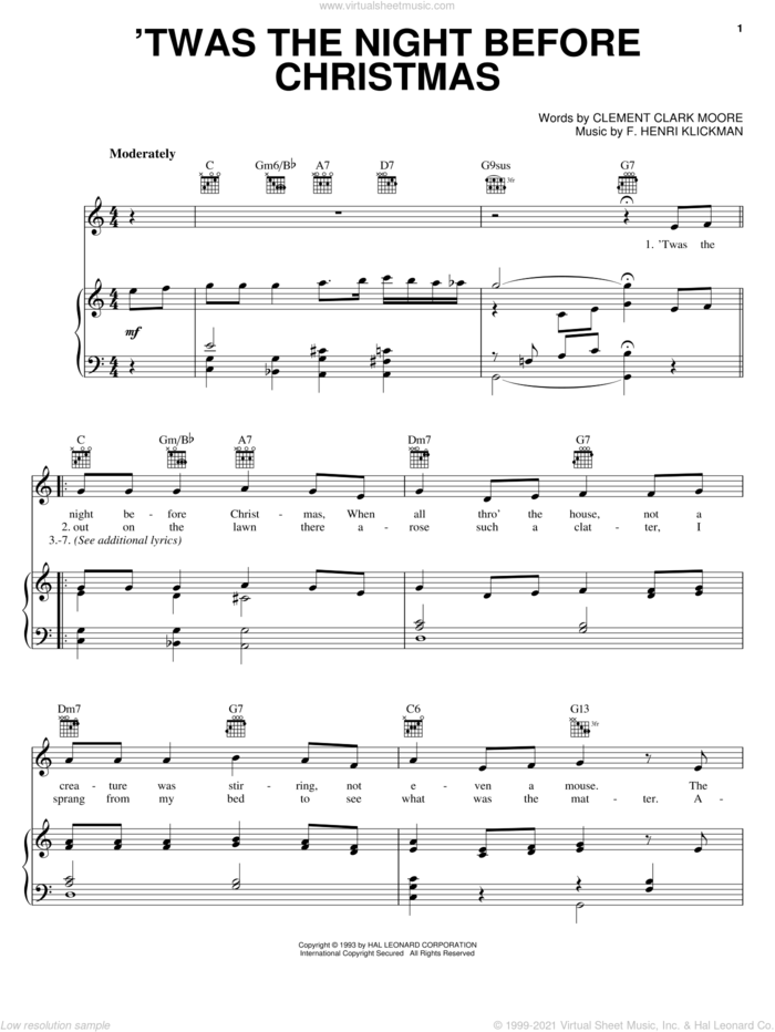 'Twas The Night Before Christmas sheet music for voice, piano or guitar by Clement Clark Moore and F. Henri Klickman, intermediate skill level
