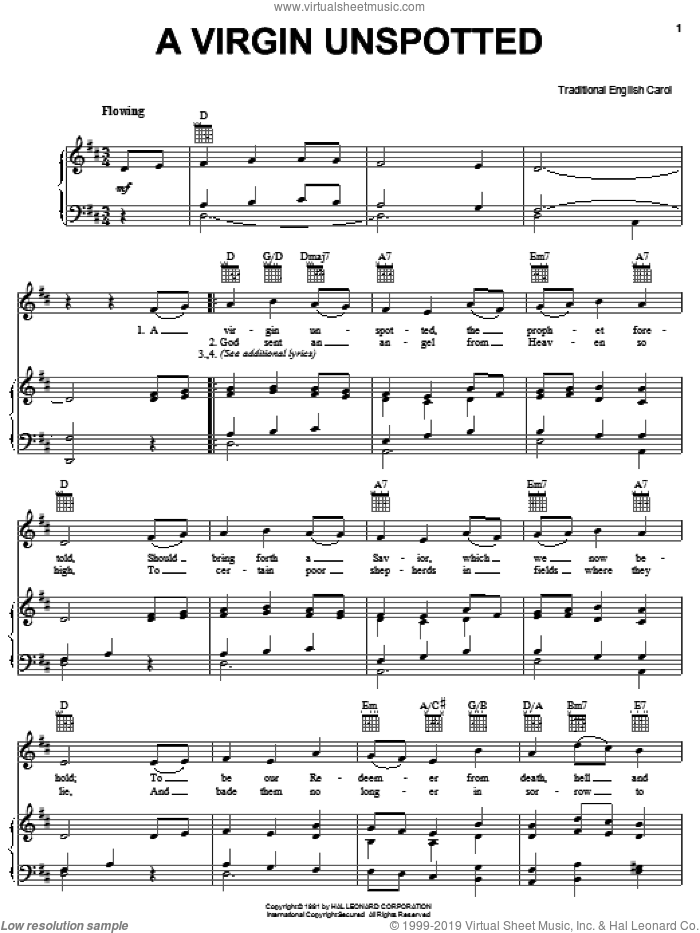 A Virgin Unspotted sheet music for voice, piano or guitar, intermediate skill level
