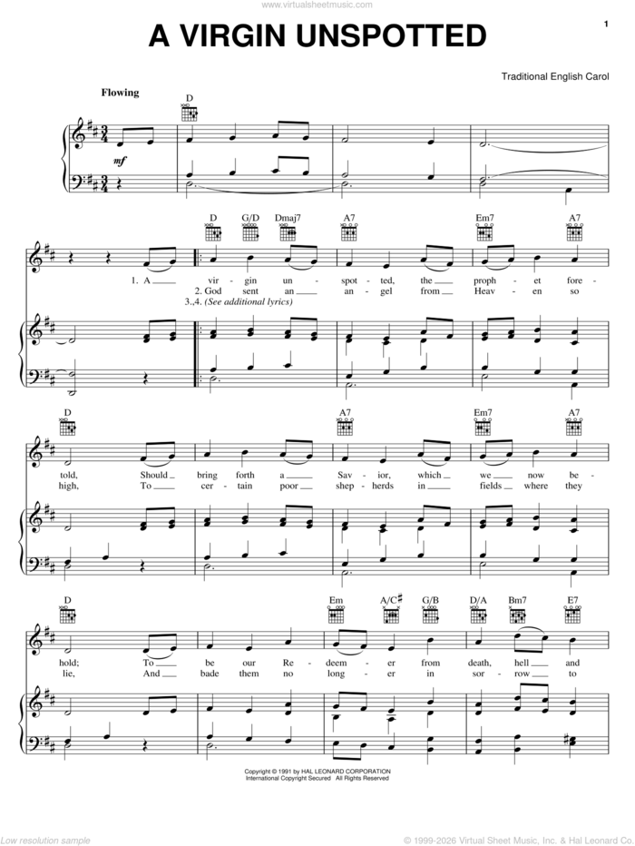 A Virgin Unspotted sheet music for voice, piano or guitar, intermediate skill level
