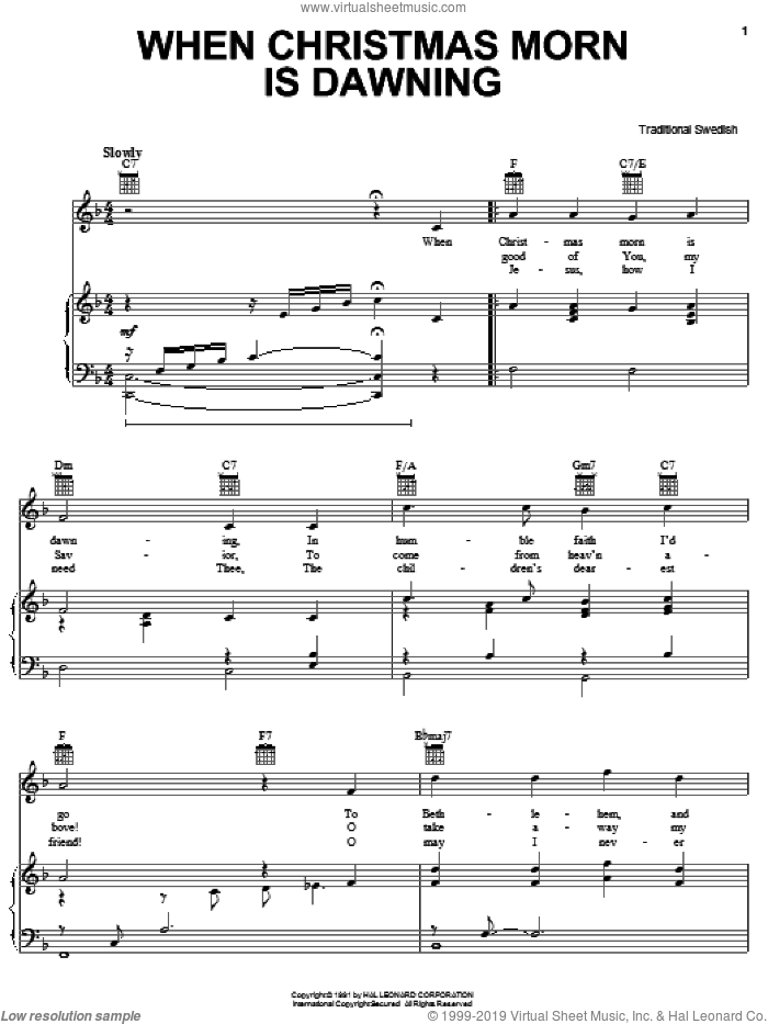 When Christmas Morn Is Dawning sheet music for voice, piano or guitar, intermediate skill level