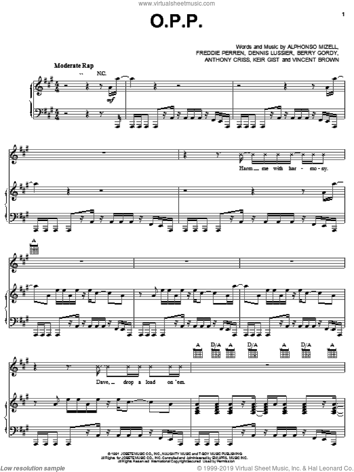 O.P.P. sheet music for voice, piano or guitar by Naughty By Nature, Alphonso Mizell, Dennis Lussier and Frederick Perren, intermediate skill level