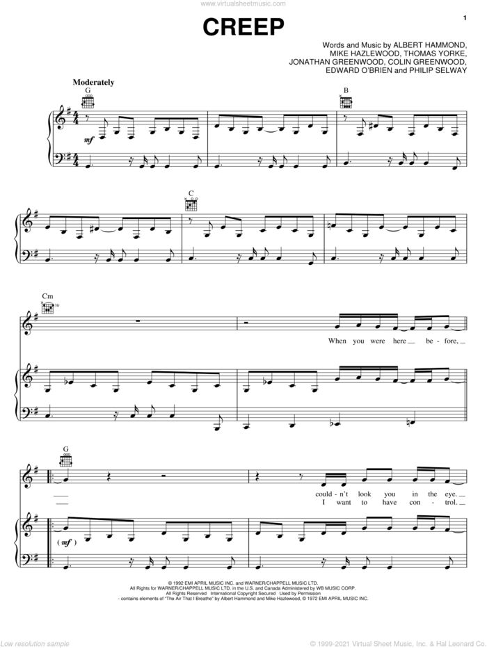 Radiohead Creep Sheet Music For Voice Piano Or Guitar V2