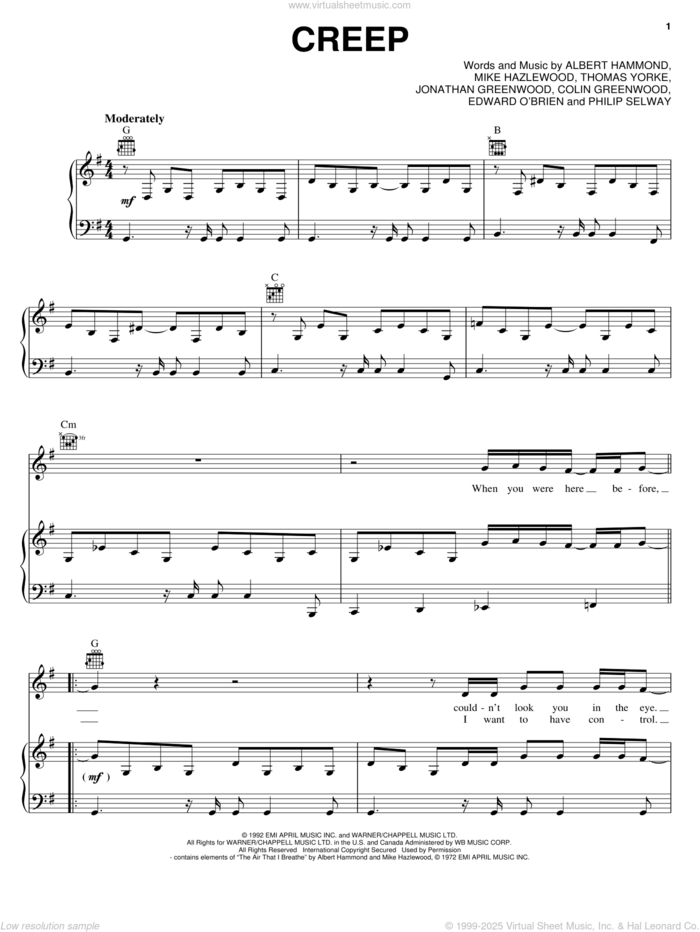 Creep sheet music for voice, piano or guitar by Radiohead, Albert Hammond, Michael Hazlewood and Thom Yorke, intermediate skill level