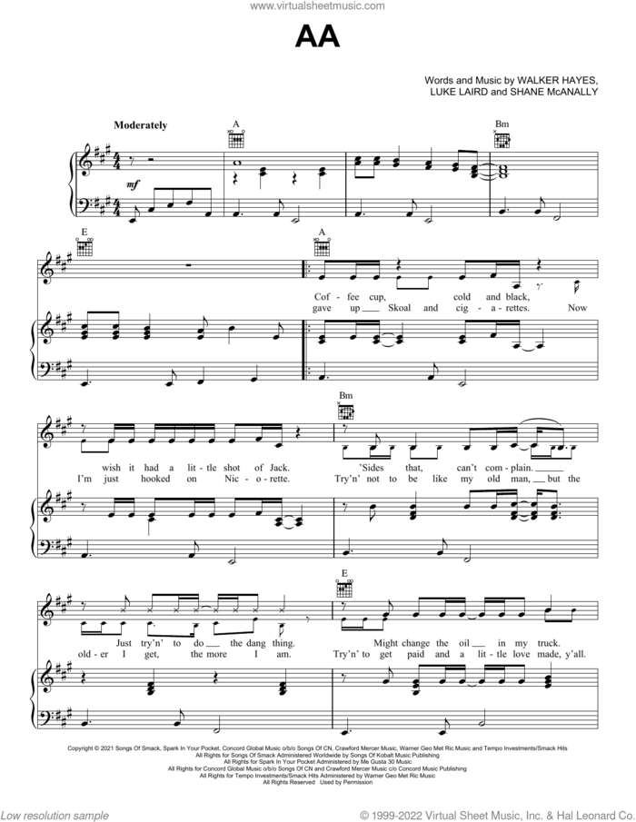 AA sheet music for voice, piano or guitar by Walker Hayes, Luke Laird and Shane McAnally, intermediate skill level