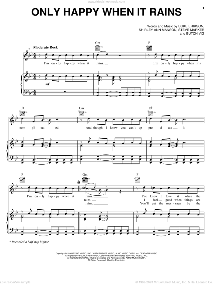 Only Happy When It Rains sheet music for voice, piano or guitar by Garbage, Duke Erikson, Shirley Manson and Steve Marker, intermediate skill level