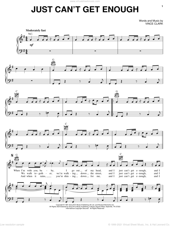 Just Can't Get Enough sheet music for voice, piano or guitar by Depeche Mode and Vince Clark, intermediate skill level