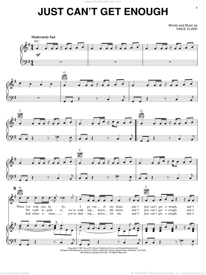 Just Can't Get Enough sheet music for voice, piano or guitar by Depeche Mode and Vince Clark, intermediate skill level