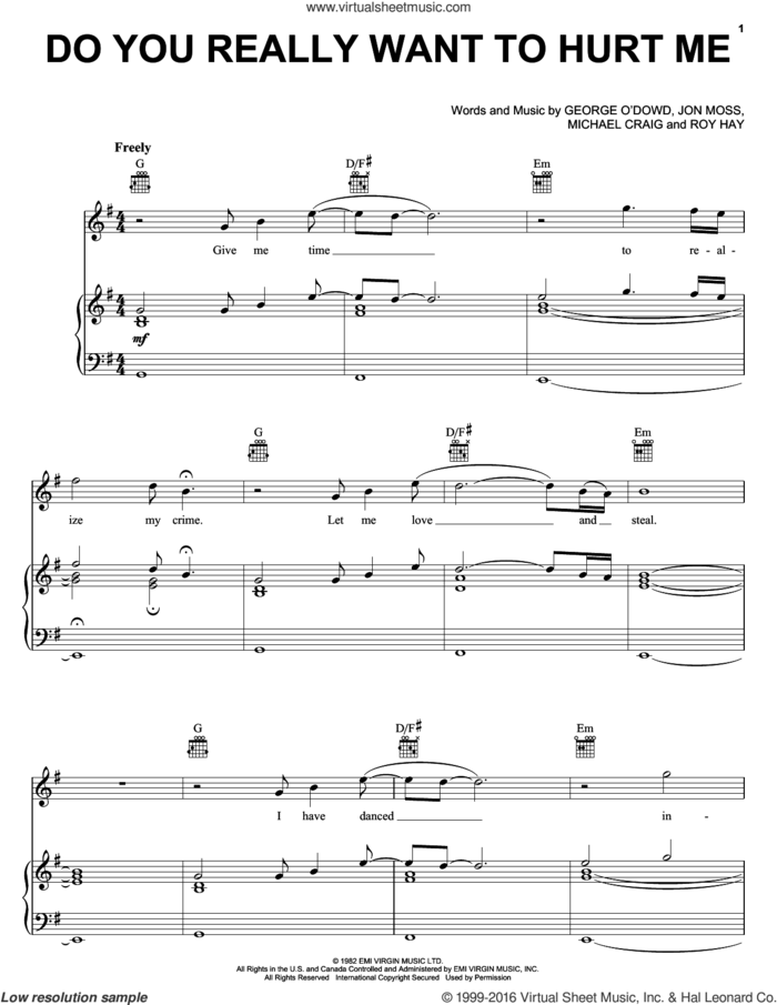 Do You Really Want To Hurt Me sheet music for voice, piano or guitar by Culture Club, Violent Femmes, Jon Moss and Michael Craig, intermediate skill level