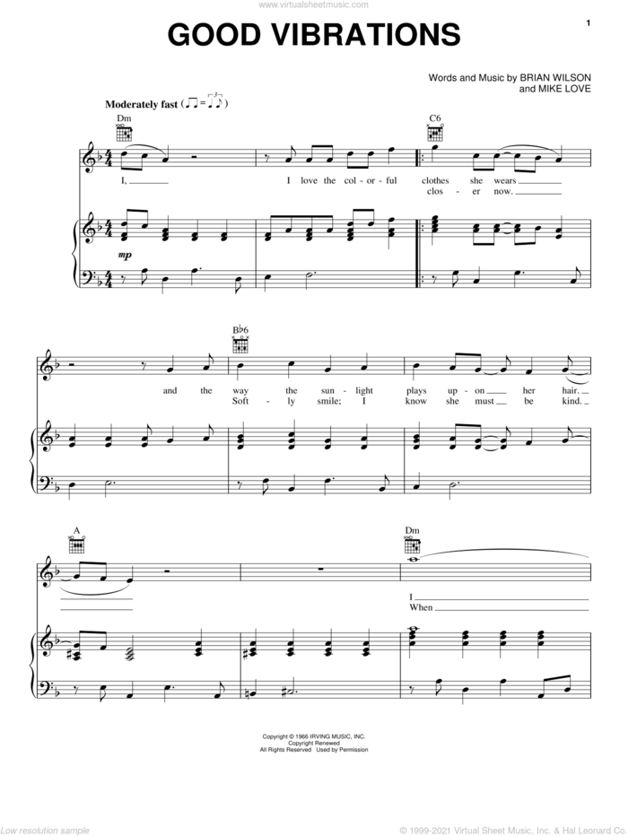 Good Vibrations sheet music for voice, piano or guitar by The Beach Boys, Brian Wilson and Mike Love, intermediate skill level