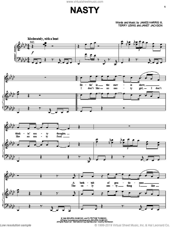 Nasty sheet music for voice, piano or guitar by Janet Jackson, James Harris and Terry Lewis, intermediate skill level